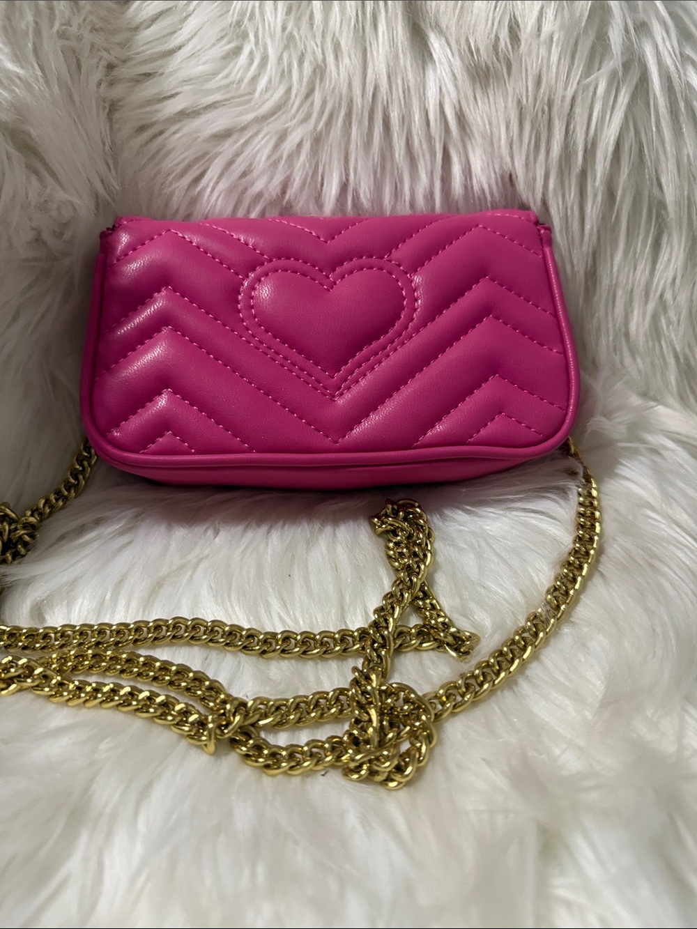 Fashion to Figure Hot Pink Quilted Heart Crossbody with Gold Chain